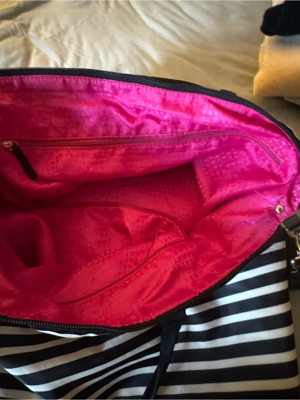 kate spade Watson Lane Lyla Black & White Stripes Nylon Packable Weekender Bag
